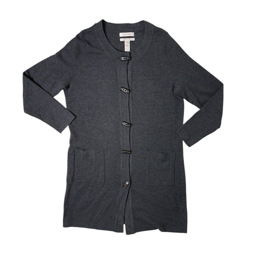 Ellen Tracy Cardigan Sweater Long Merino Wool Blend Gray Button Up 1X